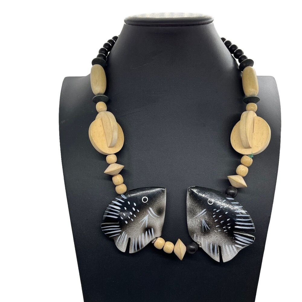Fish Wood Bead Necklace Vintage Hand Painted Retro 80s Black Gray Tan Women's